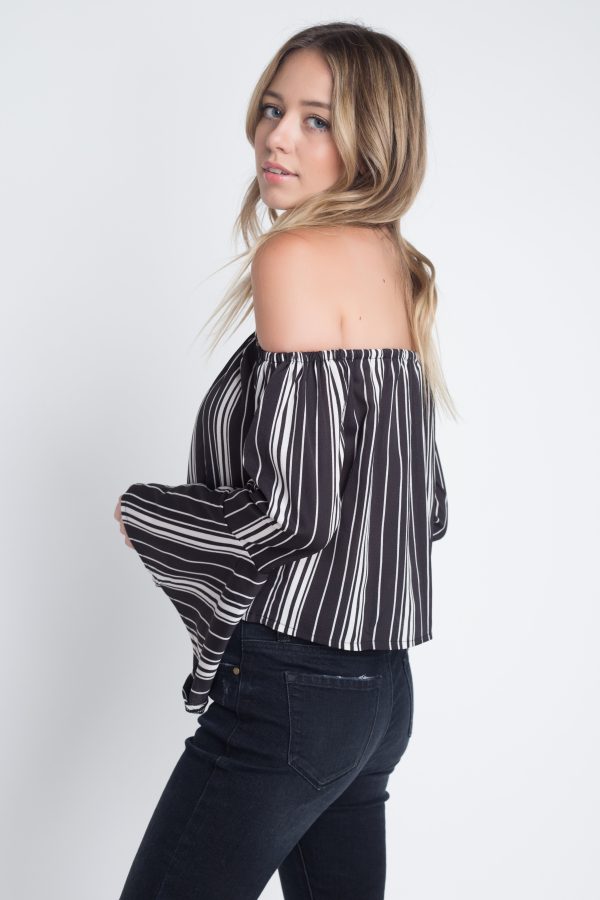 Women s Off Shoulder Casual Stripe Bell Sleeve Top Online Sale