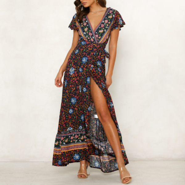 Womens Wrap Style V Neck Floral Maxi Dress Online now