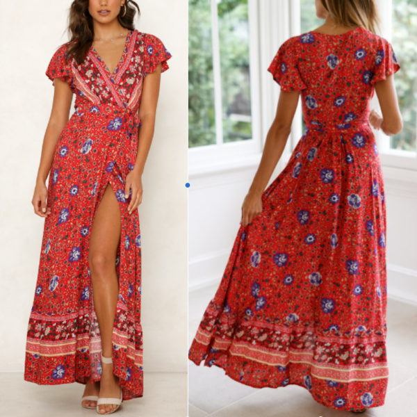 Womens Wrap Style V Neck Floral Maxi Dress Online now