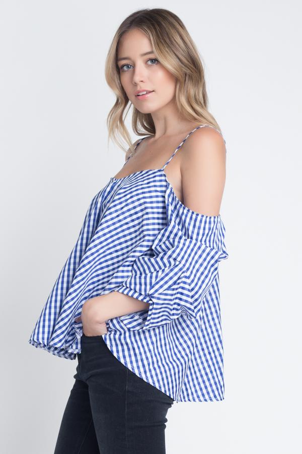 Women s Cold Shoulder Checkered Top For Cheap