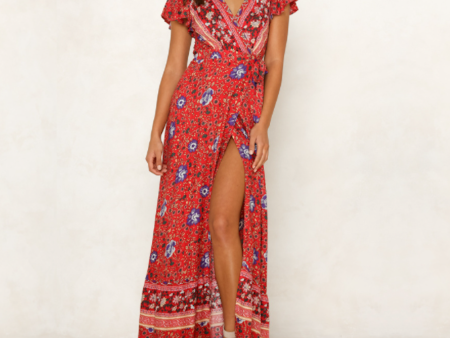 Womens Wrap Style V Neck Floral Maxi Dress Online now