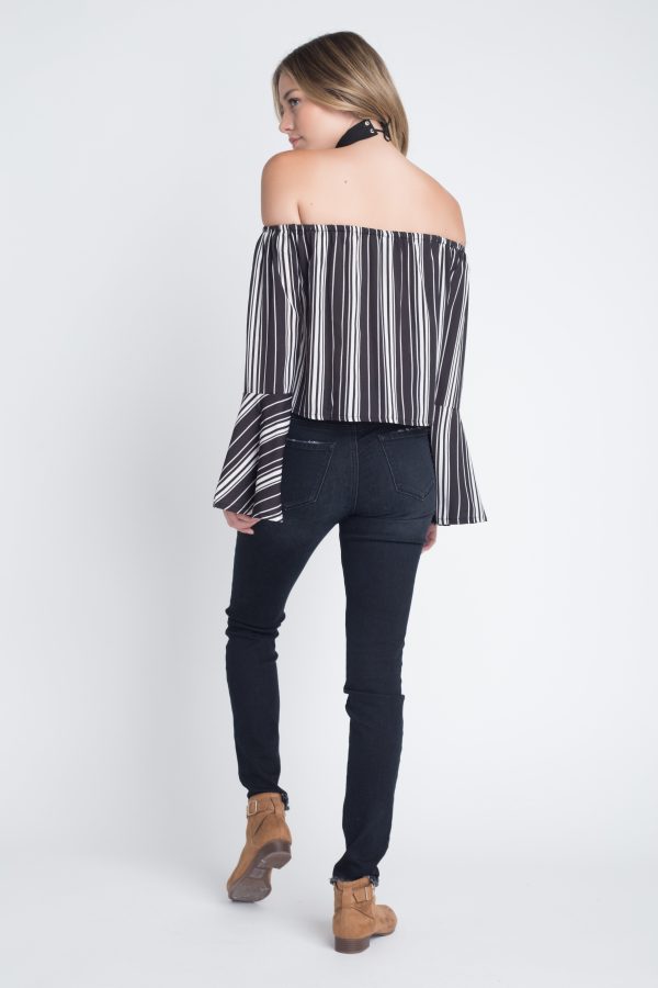 Women s Off Shoulder Casual Stripe Bell Sleeve Top Online Sale