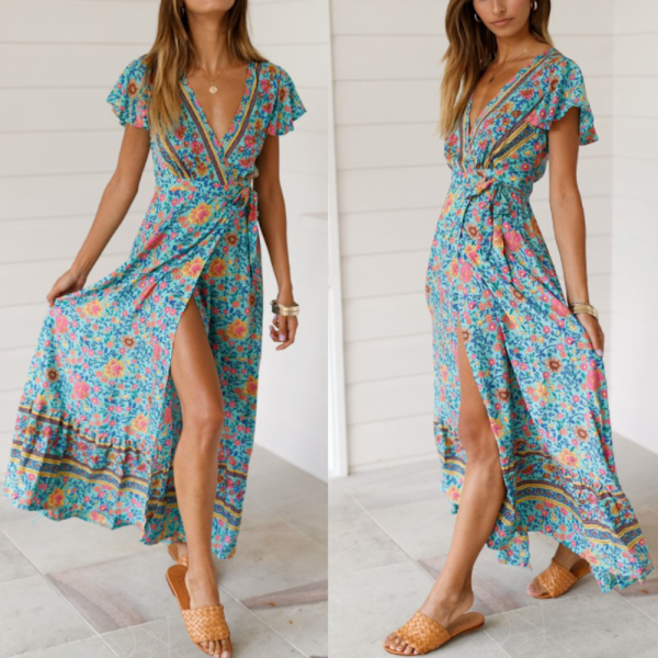 Womens Wrap Style V Neck Floral Maxi Dress Online now